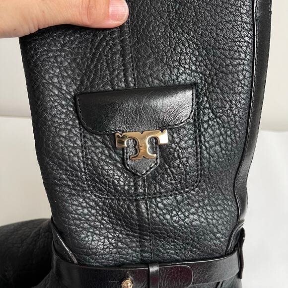 Tory Burch Leona Black Pebbled Leather Mid Calf Moto Boots Size 8 M - Picture 2 of 15